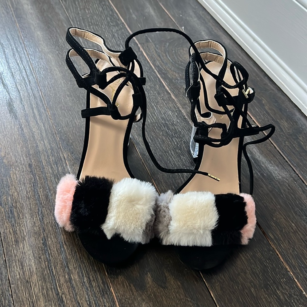 Qupid lucite block heel with faux fur